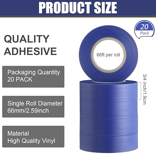 Treela 20 Rolls Electrical Tape 3/4 Inch Waterproof Vinyl Electrical Insulating Tape Flame Retardant Indoor Outdoor High Temperature Resistance Accessory for Wire and Cable(Royal Blue,66 ft)
