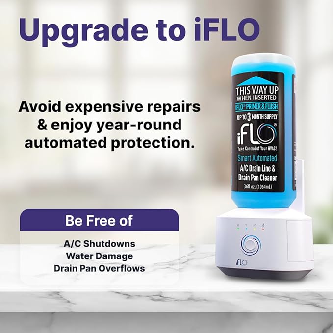 iFLO® Smart A/C Drain Line and Drain Pan Cleaner for HVAC System, Clog-Free, Easy Installation & App-Controlled Air Conditioner Maintenance, Includes 36oz Cleaner Cartridge, 3 Month Supply