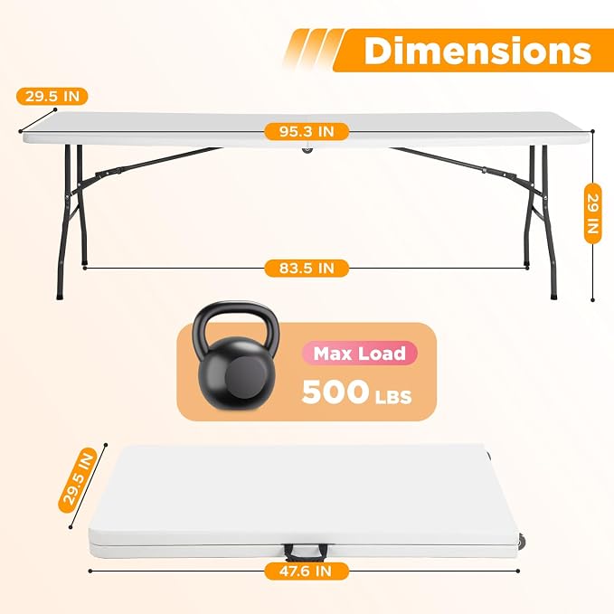 FDW 8FT Folding Table, Portable Fold-in-Half Plastic Picnic Party Table - Image 3