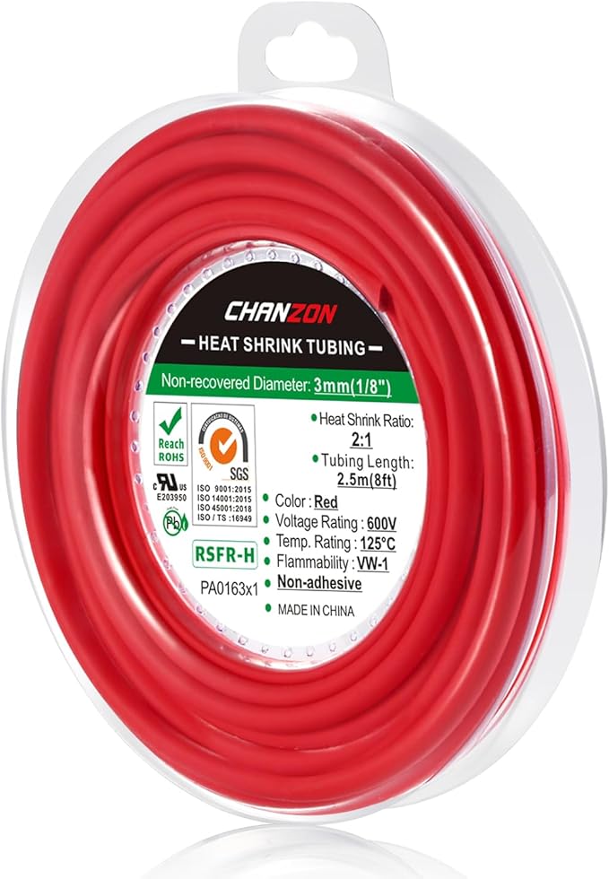 Chanzon 2:1 Ratio 1/8" (3mm) Heat Shrink Tubing 8Ft Roll (2.5M Total Length) Red Polyolefin Sleeving Wrap Shrinking 2 to 1 1pcs