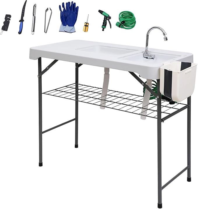Nice C Fish Cleaning Table with Sink (White w/2 Sinks & Side Table)