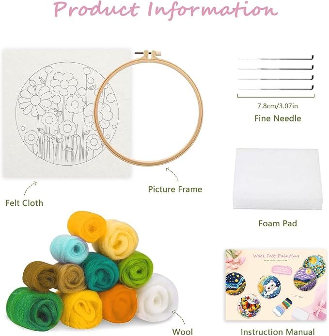 CaptainCrafts Needle Felting Kit, Wool Felt Supplies, Embroidery Hoops - Image 4