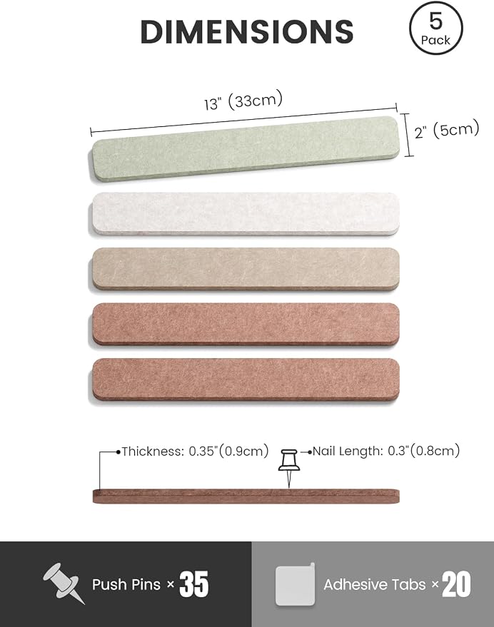 Fluxynara Cork Board Alternative Felt Strip Board 5-Pack 13"x2", Office Pin - Image 2