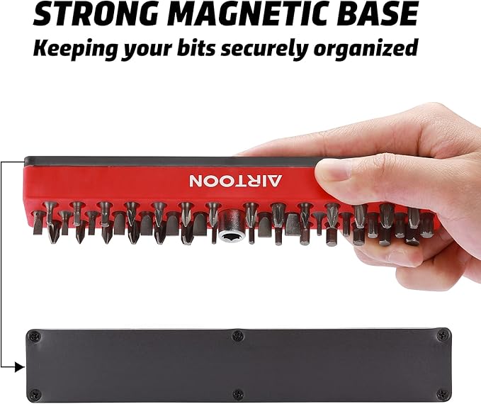 AIRTOON 1/4" Magnetic Hex Bit Holder, 43 Holes Bit Storage with Strong Magnetic Base, Magnetic Screwdriver Bit Organizer, Red