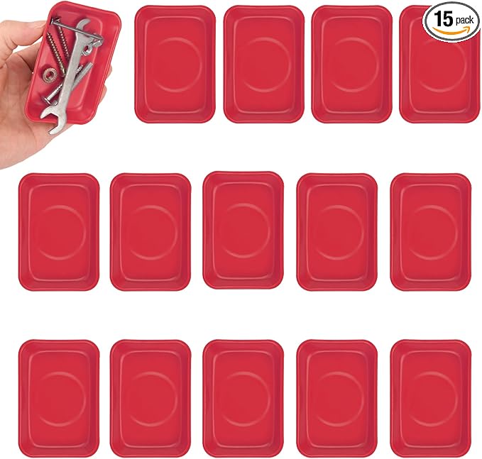 15 PCS Rectangle Magnetic Parts Trays, 3.7X2.5x1Inch, Red Magnet Tool Tray, Magnetic Parts Tray, Red, by GENHAKON