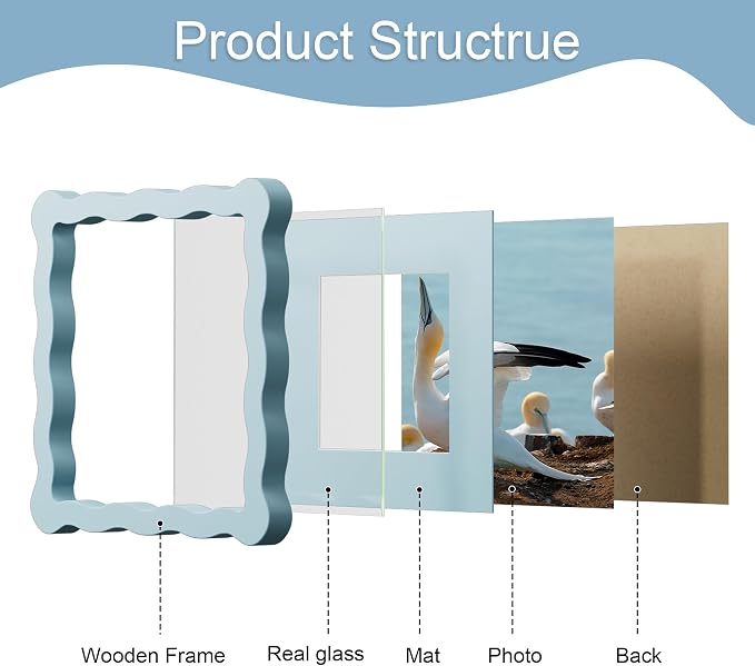 6x6 Picture Frame with Mat for 4x4, Wavy Edge Wooden Real Glass Photo Frame for - Image 5