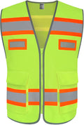 TCCFCCT Reflective Vest with Pockets Safety Vest for Men Women, High Visibility Surveyor Vest with Fluorescent Orange Extend Edge, Meets ANSI/ISEA Standards, Yellow, XL