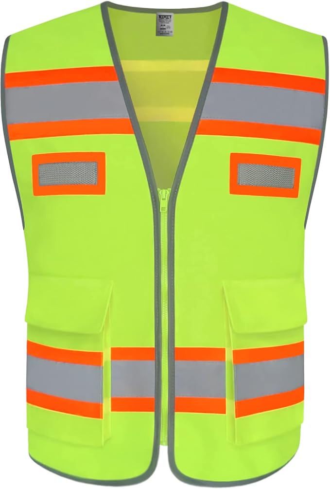 TCCFCCT Reflective Vest with Pockets Safety Vest for Men Women, High Visibility Surveyor Vest with Fluorescent Orange Extend Edge, Meets ANSI/ISEA Standards, Yellow, XL