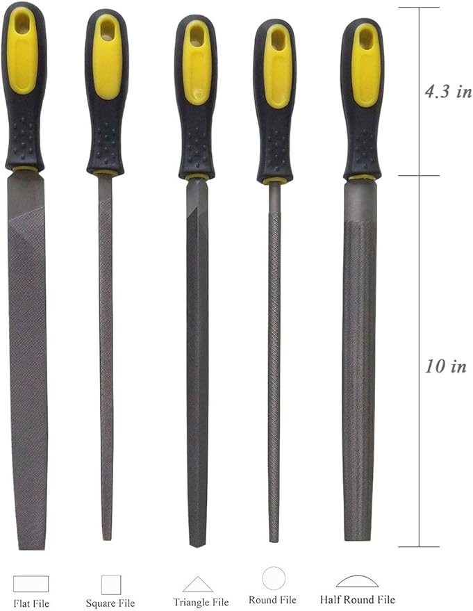 Metal File Set, 5-Piece, 10-inch,High Carbon Steel File,Work for Metal, Wood,Plastic