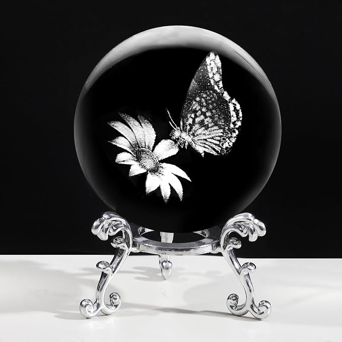 3D Butterfly Crystal Ball with Stand Lase Engraved Glass Sphere Paperweight by Unknown