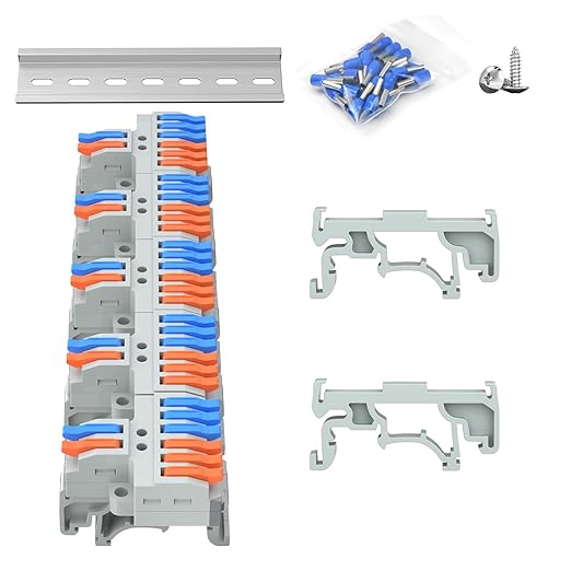 5Pcs Lever Wire Connectors, 2 in 6 Out, Push-in, 4-2.5 mm² Quick Wiring DIN Terminal Blocks, 40Pcs Wire Ferrules Terminals & 6.89 Inch DIN Rail Included