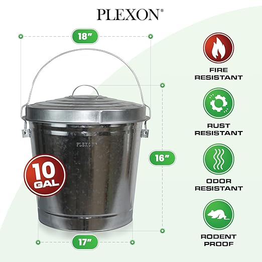 Plexon Metal Trash Can with Locking Lid Outdoor Storage Bucket for Bird Seed Ash Galvanized Steel 10-Gallon 6 Pack