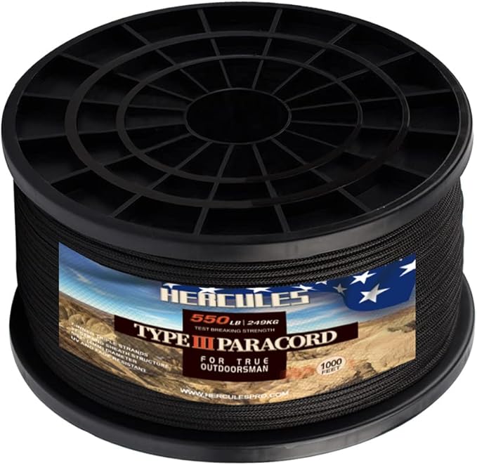 HERCULES Type III Paracord 550 Paracord Rope Parachute Cord, 1000' Black for Survival Rope, Survival Cord
