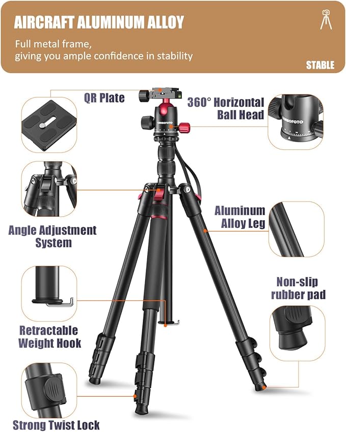 CAMBOFOTO 80"-Professional-DSLR-Camera-Tripod, SLR Ball Head Aluminum Photography Tri pod & Monopod with Carry Bag Compatible with Canon/Nikon/Binoculars/Telescope (Weight 3.6 Lbs, 33Lbs Load)