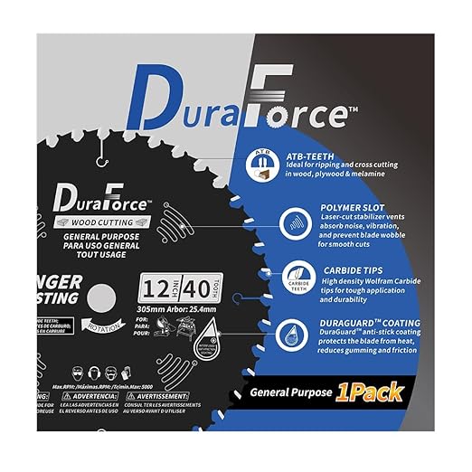 12 Inch 40 Tooth General Purpose ATB Saw Blade with 1 Inch Arbor & DuraGuard Nonstick Coating for Miter Saws and Table Saws