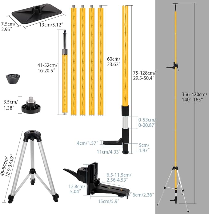 13.7 Ft./4.2M Professional Lasers Level Pole with Tripod, Adjustable Telescoping Pole for Leveling Tools, Multi-functional Fine-tuning Bracket with 1/4” and 5/8” Thread Adapters, Includes Carrying Bag