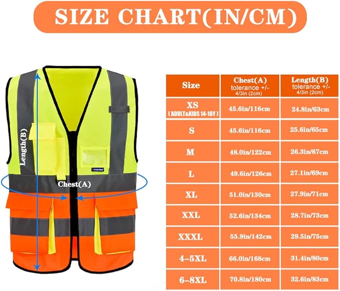 A-SAFETY High Visibility Safety Vest, ANSI Class 2 Identification Security Vest with 2'' Reflective Silver Strip, Front Zipper Construction Vest for Night, Orange&Yellow Color Mixed, XXL