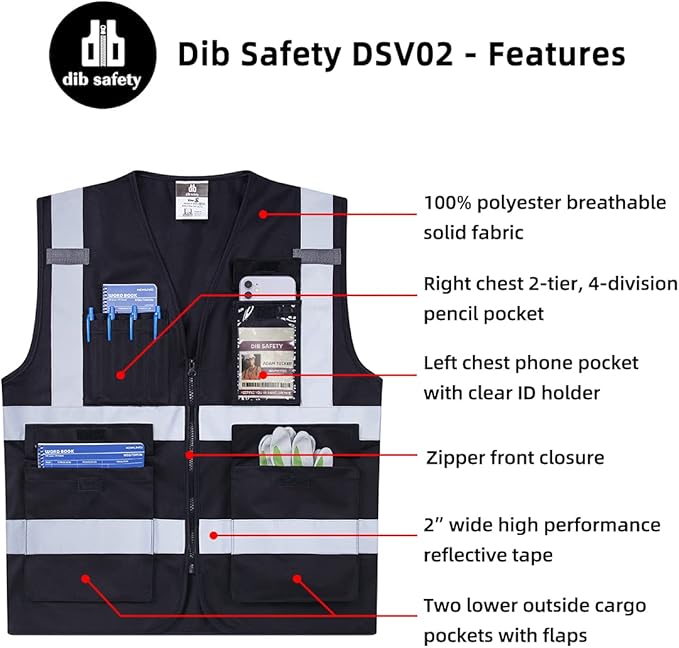 Dib Safety Reflective Vest High Visibility with Pockets and Zipper, Black M