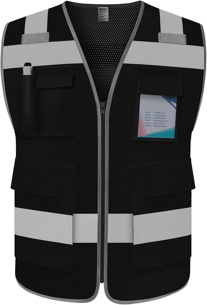 TCCFCCT Reflective Safety Vest with 5 Pockets High Visibility Vest for Men Women, Work Vest with Horizontal Strip for Walkie-talkie and ID Card, Meets ANSI/ISEA Standards, Black, 4XL