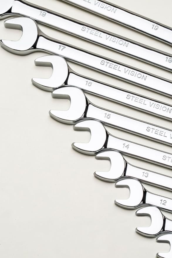 Steel Vision Tools 10 pc Metric Combination Wrench Set (10, 11, 12, 13, 14, 15, 16, 17, 18 & 19 mm) - Precision 12-Point Box End, Open-End Design, Full Polished Chromium-Vanadium Finish