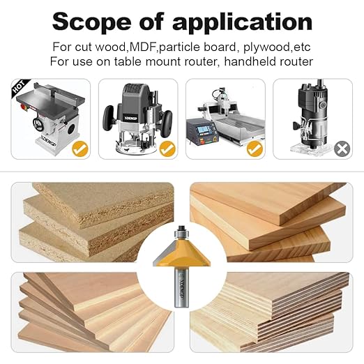 45 Degree Chamfer Router Bit with 3/4 Inch Cutting Length,1/2 Inch Shank Carbide Edge Forming Bevel Router Bit with Bearing, Chamfer Bit Miter Angle Milling Cutters Tool