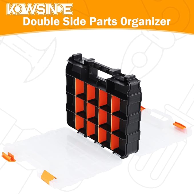 Double Side Tool Organizer, Hardware Storage Box, 34-Compartments Small Parts Organizer with Removable Dividers for Screws, Nuts, Nails, Bolts