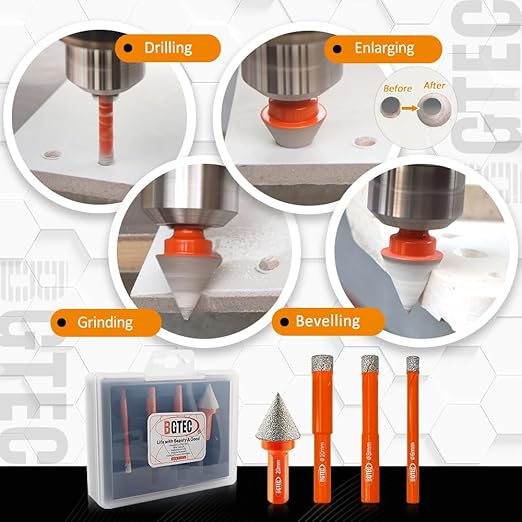 Dry Diamond Drill Bit Set - BGTEC 3pcs 5/16" 8mm Hole Saw and 1pc 4/5" Dimaond Chamfer bit for Granite Marble Porcelain Ceramic,Vacuum Brazed Diamond Core Drill Bit Kit
