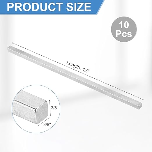 uxcell 10Pcs Square Steel Key Stock, 3/8" x 3/8" x 12" Cold-Drawn 45# Steel Bars Precision Key Stock for Gearbox Coupling, Silver Tone