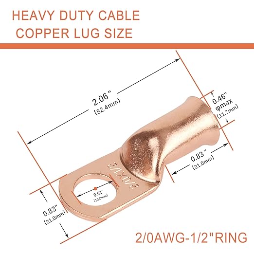 10pcs 2/0 AWG-1/2”(M12) Ring Terminals 00 Gauge Copper Wire Lugs Battery Cable Ends Heavy Duty Battery Cable Terminal Connectors