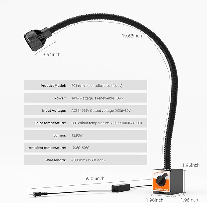 Magnetic Work Light,Three-ColorTemperature,1320Lumen 120v FlexibleGooseneck Work Light withAdjustable Focus and Magnetic Base for Lathe CNC MillingDrill Press SewingMachine Industrial Light