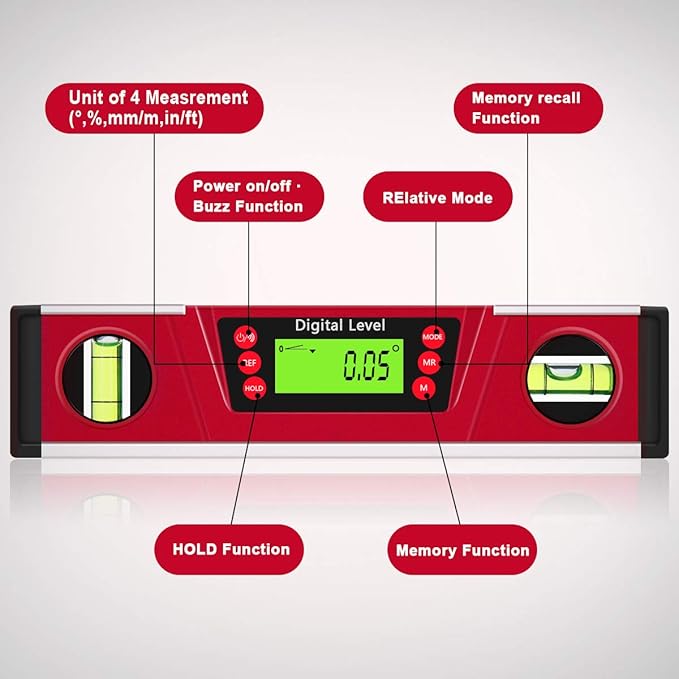 Digital Level and Protractor, 10 Inch IP54 Protected Electronic Bubble Inclinometer Angle Finder Gauge with Large LED Backlight Display & Magnetized V-Groove Base Carrying Bag Included