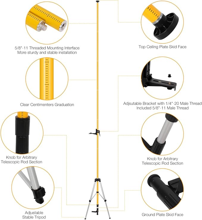 MOETER 15.7ft/4.8M Laser Pole Mount, Telescoping Laser Level Pole with Tripod, with Adjustable Bracket, 1/4"-20 & 5/8"-11 Thread Adapters for Rotary and Line Lasers