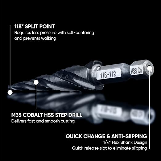 toolant Four Spiral Flute Cobalt Step Drill Bit(Pro), 1/8"-1/2" Impact Ready Unibit Step Drill Bit, 1/4" Hex Shank Unibit for Metal, Stainless Steel, Aluminum, Plastic