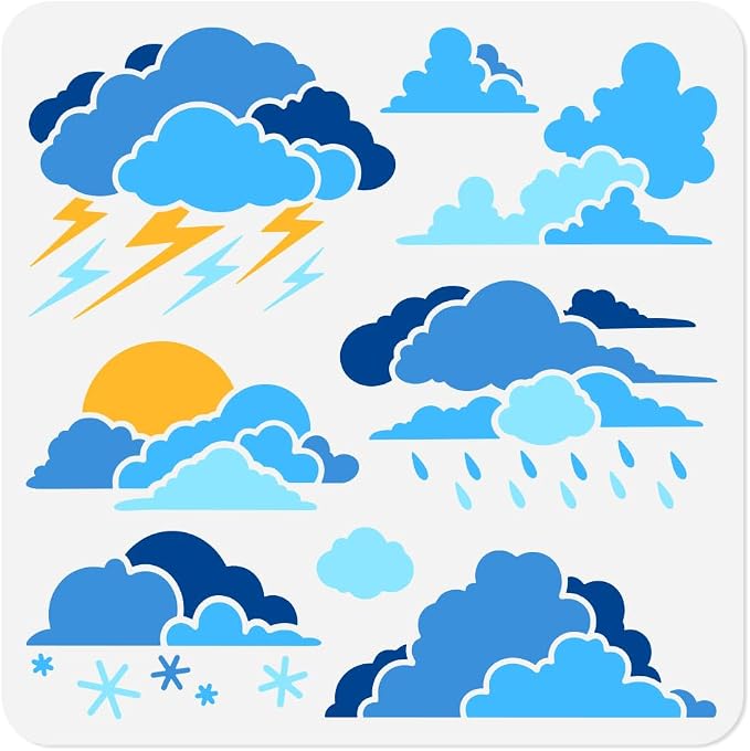 11.8"x11.8" Clouds Wall Stencil Templates, Reusable Plastic Lightning Rain by Doodlream