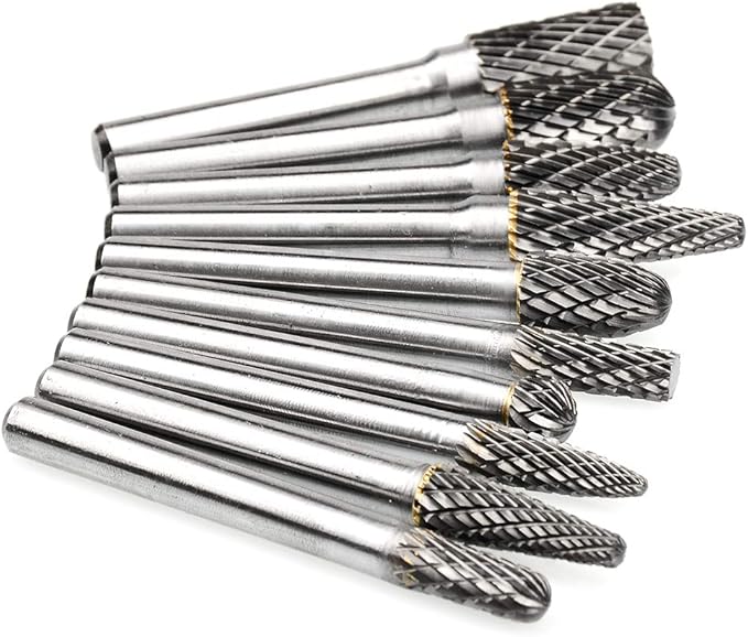 Carbide Burrs Set 1/4 Inch Shank Double Cut Solid Carbide Rotary Burr Set for Die Grinder Drill, Metal Carving, Polishing, Engraving, Drilling(10pcs)