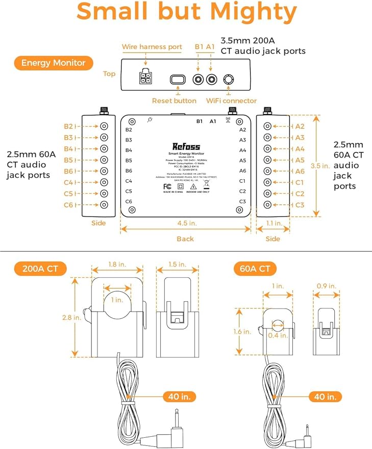 Smart Home Energy Monitor Supports Home Assistant, Real-Time Accurate Energy Consumption Tracking, Electricity Usage Monitor with 16x60A Circuit Sensors, 36-Month History, Solar Metering, 2.4G