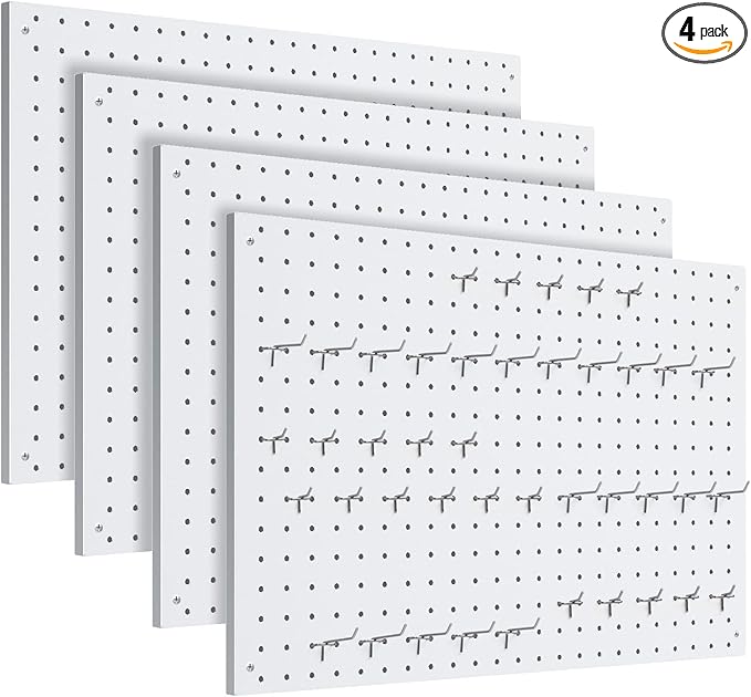 Peg Board, 4 Pack Metal Pegboard Panels White Pegboards Wall Organizer with Frame Large Heavy Duty Peg Board with Hooks for Walls Home, Garage Tool Storage, Office, Craft Room, Kitchen 24”×16”