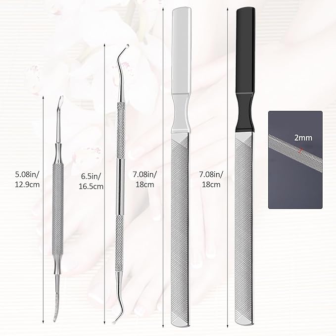 4pc Stainless Steel Nail File & Cuticle Pusher Set – Four-Sided Emery Nail File for Thick Nails, Durable Metal Manicure & Pedicure Tool, Portable Home & Travel Grooming Kit(7.08IN)