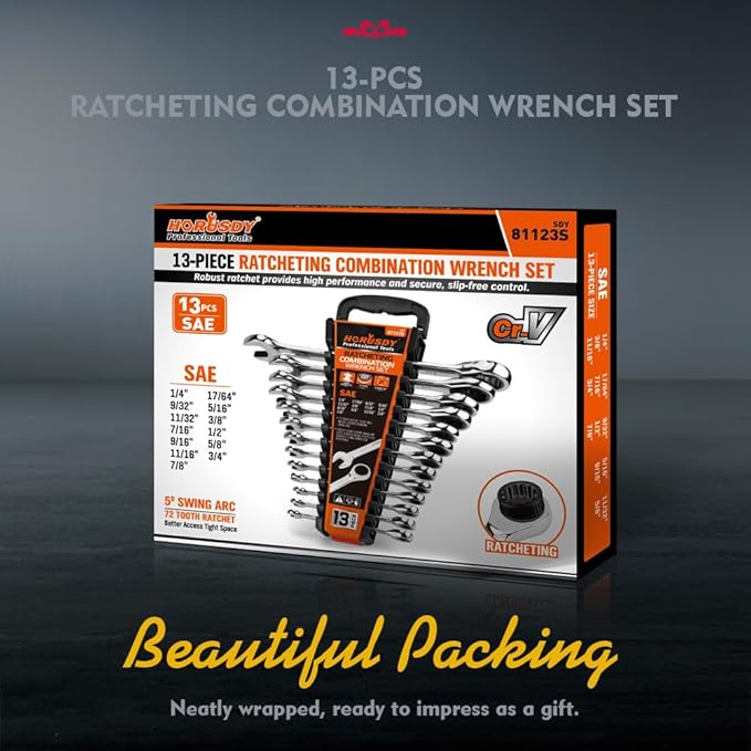 HORUSDY 13-Piece Sturdy Ratcheting Wrench Set | SAE 1/4''–7/8'' | Max Torque Ratchet Combination Wrenches Set with Storage Rack | 72-Tooth | Chrome Vanadium Steel