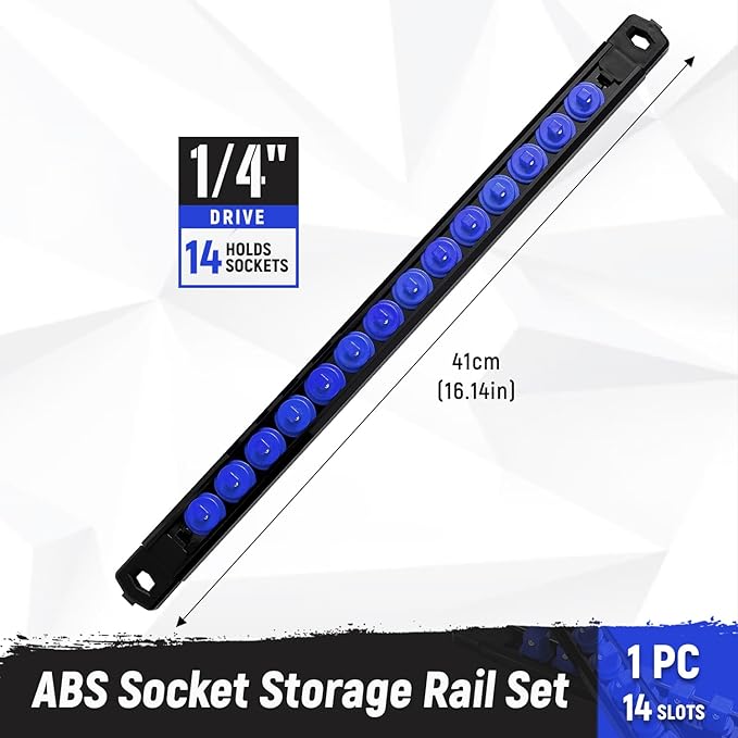Magnetic Socket Organizer, 1-Piece Heavty Duty ABS Socket Holder, Socket Rail for Tool Box, Premium Quality 360° Swivel Socket Rack with 14 Clips for 1/4-Inch(Blue)