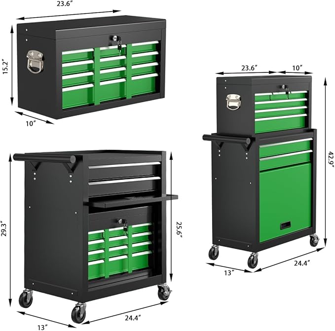 8-Drawer High Capacity Rolling Tool Chest with Wheels, Big Tool Storage Removable Tool Box Combo, Tool Storage Cabinet with Lockable Drawers, Toolbox for Workshop (Black&Green)