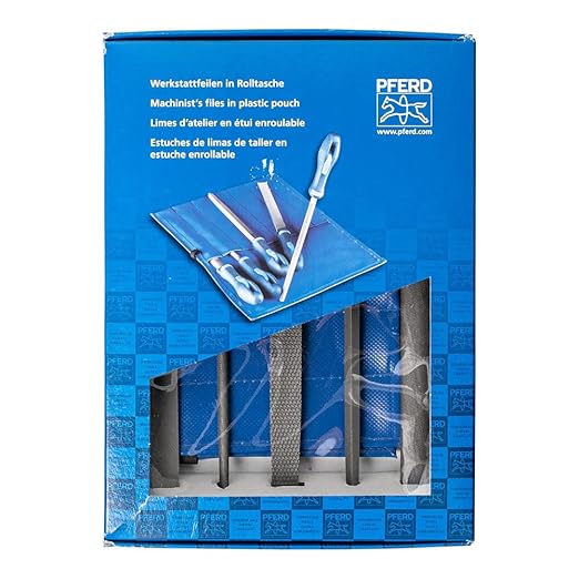 PFERD 5-Piece Machinist File Set – 8" Bastard Coarse Cut – with Ergonomic Handles & Plastic Pouch (WRU) – for Universal Roughing & Finishing – Part 16077