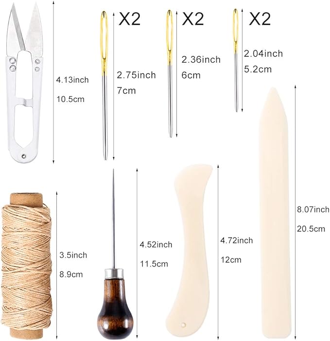 Wonvoc 12 Pieces Bookbinding Kit with Bone Folder, Awl, Waxed Thread, Needles, Starter Set for DIY Book Binding, Journal Making, Leather Craft