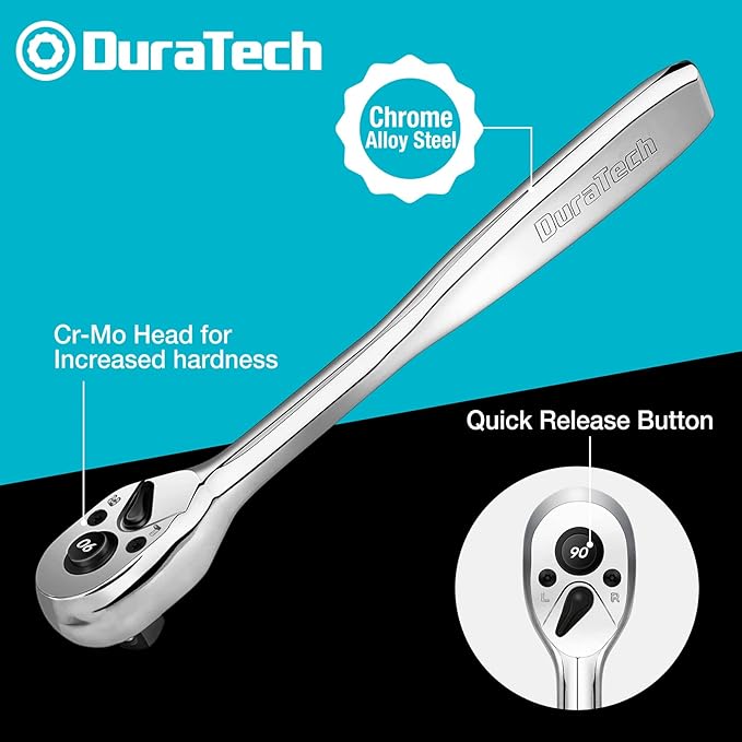 DURATECH 3/8-Inch Drive Ratchet, 90-Tooth Ratchet Wrench, Quick-release, Reversible Switch, Contour Handle Designed for Better Grip, Alloy Steel