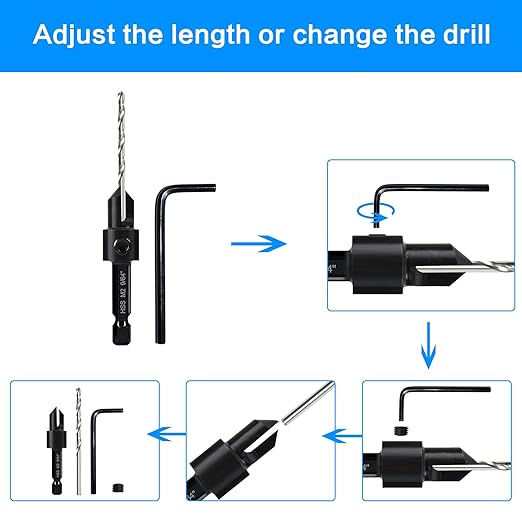 5-pc #12 Countersink Drill Bit Set, 3in1 Woodworking Counterbore Hole Saw Drill Bits, Depth Adjustable 9/64" M2 Pilot Drill Bits, 82-Degree Chamfer, 1/4” Hex Shank, 2 Allen Wrench