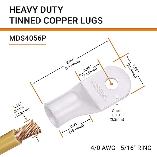 SELTERM 10pcs 4/0 AWG-5/16 Stud Tinned Copper Wire Lugs, Heavy Duty Battery Cable Ends,0000 Gauge Ring Terminals, UL Battery Lugs Marine Grade Copper Eyelets Electrical Battery Terminal Connectors