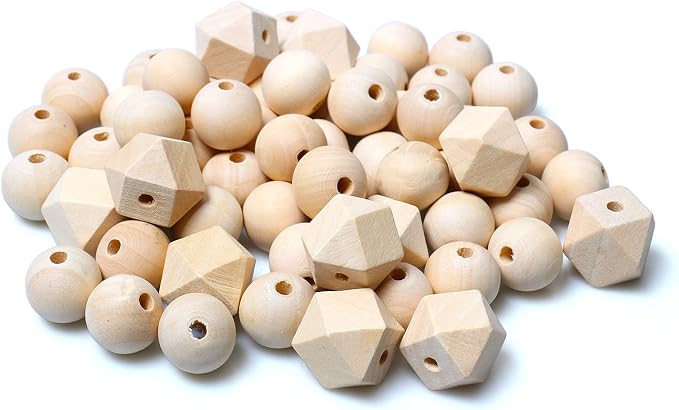 20mm Unfinished Wooden Beads, 20 Geometric and 50 Round Polygon Wood Beads by woodeni