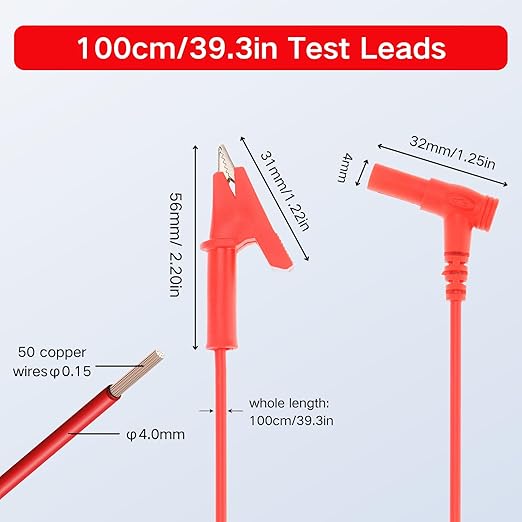 4PCS Banana Plug to Alligator Clip Lead Cable, 3.3ft / 1m Multimeter Test Leads, 1000V 15A Soft Silicone Electronic Test Lead for Multimeter Electrical Testing