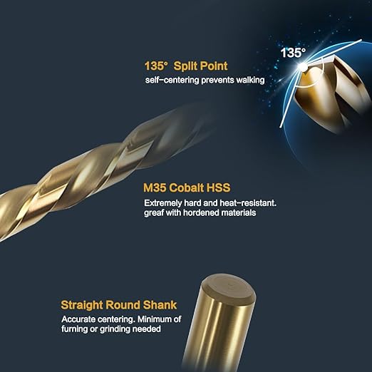 BeHappy 29Pcs Cobalt Drill Bit Set (1/16"-1/2"), M35 HSS, 135 Degree Tip, Twist Jobber Length for Hardened Metal, Stainless Steel, Cast Iron, Wood, and Plastics, with Index Storage Case