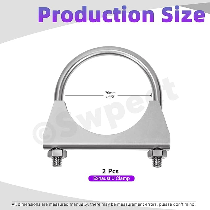 Swpeet 2Pcs 2.8 Inches Exhaust U Clamp Kit, 2-4/5 Inches Stainless Steel Muffler U-Bolt Clamps, Universal Heavy Duty U-Bolt Muffler Clamp Ideal for Tip Pipes Connection